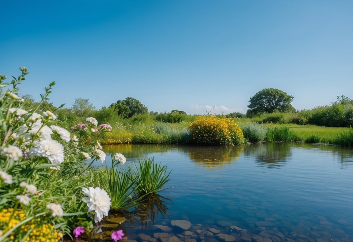 A serene, natural landscape with blooming flowers, fresh herbs, and clean water, surrounded by clear blue skies and vibrant greenery