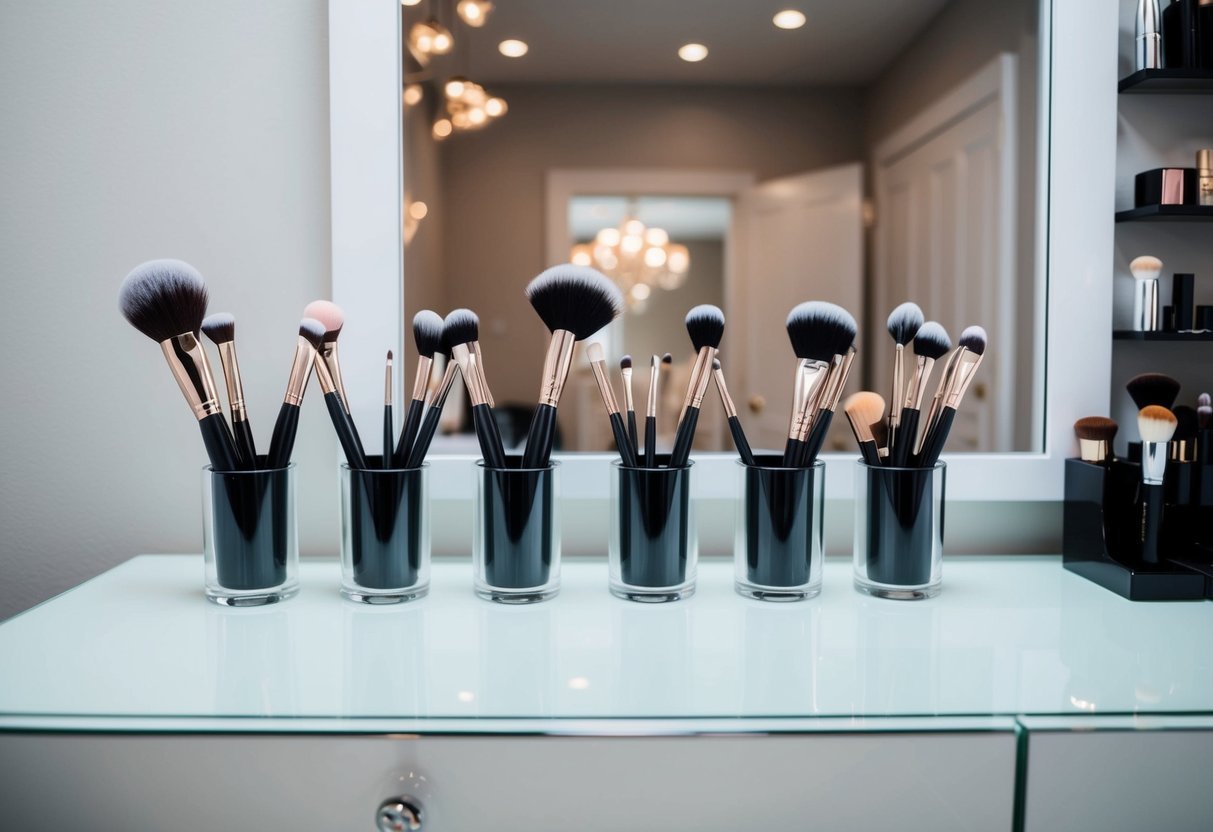 Seven empty beauty containers repurposed as makeup brush stands on a clean, organized vanity