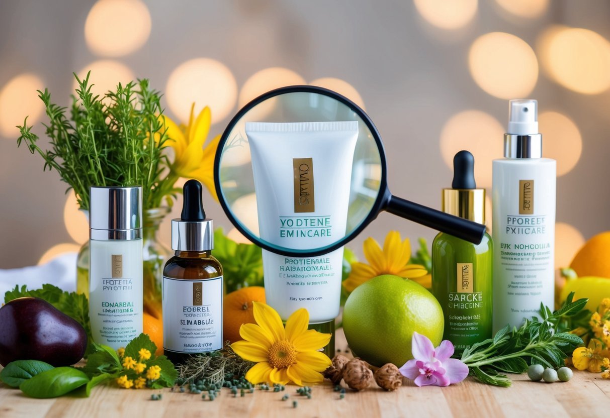 A table with various skincare products, surrounded by fresh, natural ingredients like herbs, flowers, and fruits.</p><p>A magnifying glass hovers over the products, examining their labels