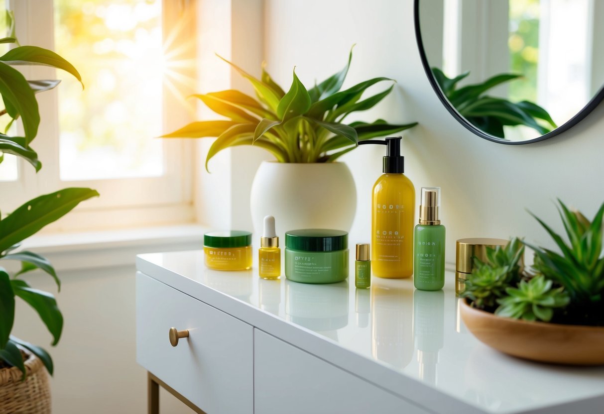 A serene, nature-inspired setting with vibrant, plant-based beauty products displayed on a clean, minimalist vanity.</p><p>Sunshine streams in through a window, casting a warm glow on the scene