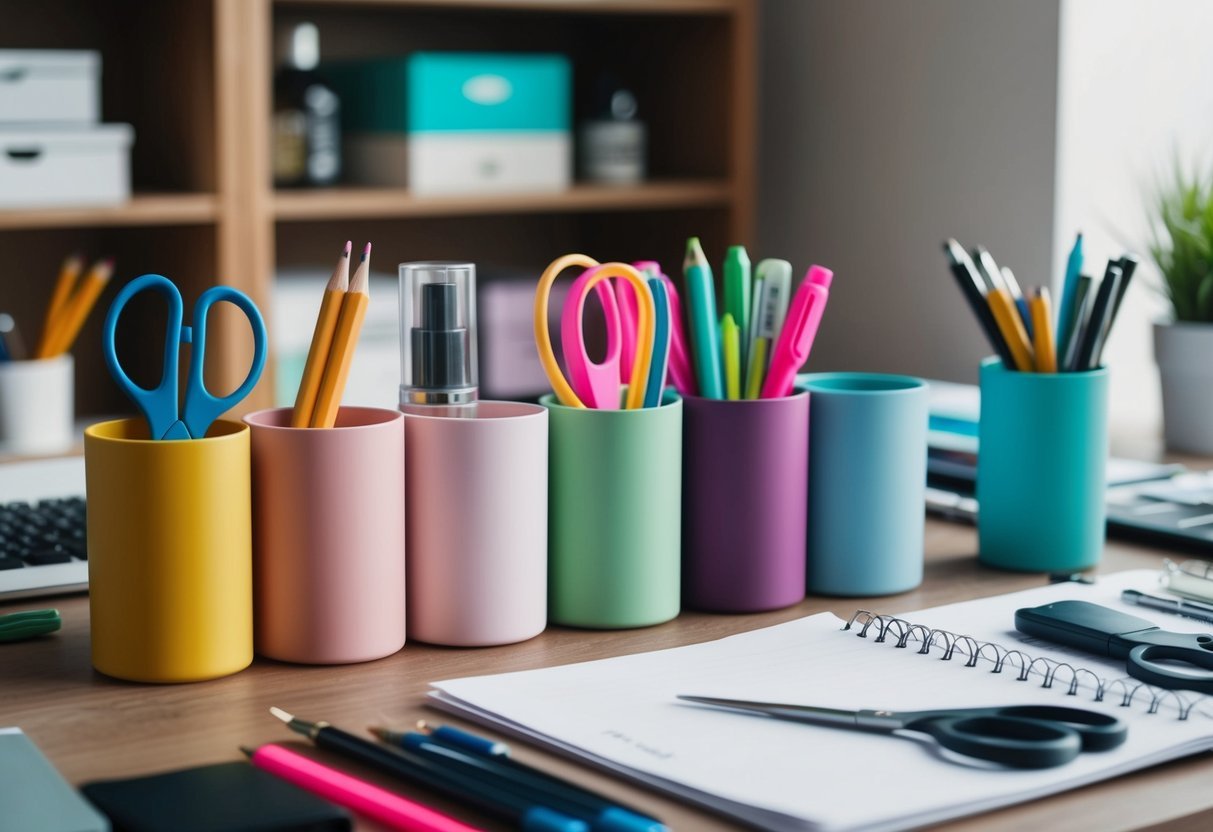 Empty beauty containers repurposed as stationery organizers on a cluttered desk.</p><p>Pens, pencils, and scissors neatly arranged in the colorful containers