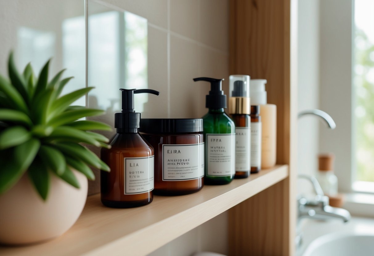 A serene bathroom shelf with natural skincare products arranged neatly