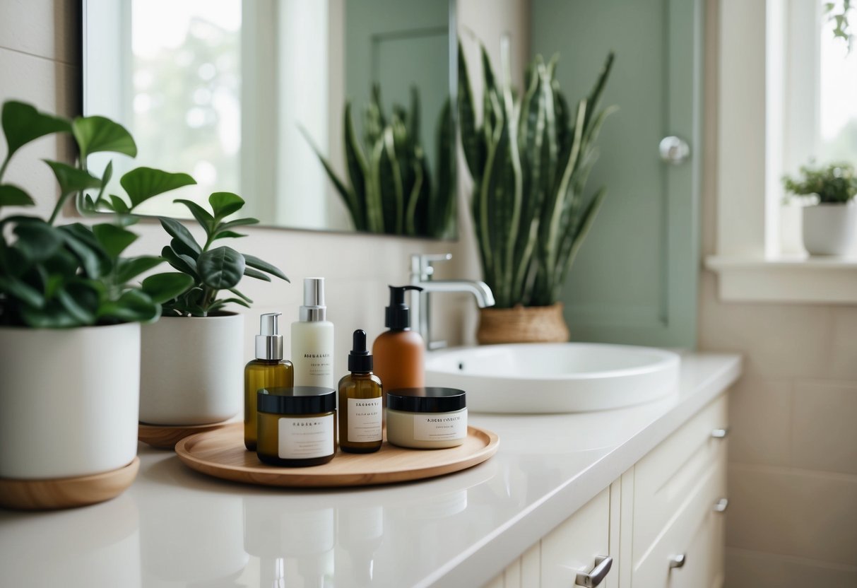 A serene bathroom counter with plant-based beauty products neatly arranged and a soft, natural color palette