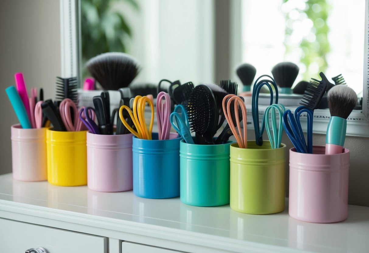 Empty beauty containers repurposed as storage for hair accessories.</p><p>Brushes, clips, and elastics neatly organized in colorful containers on a vanity