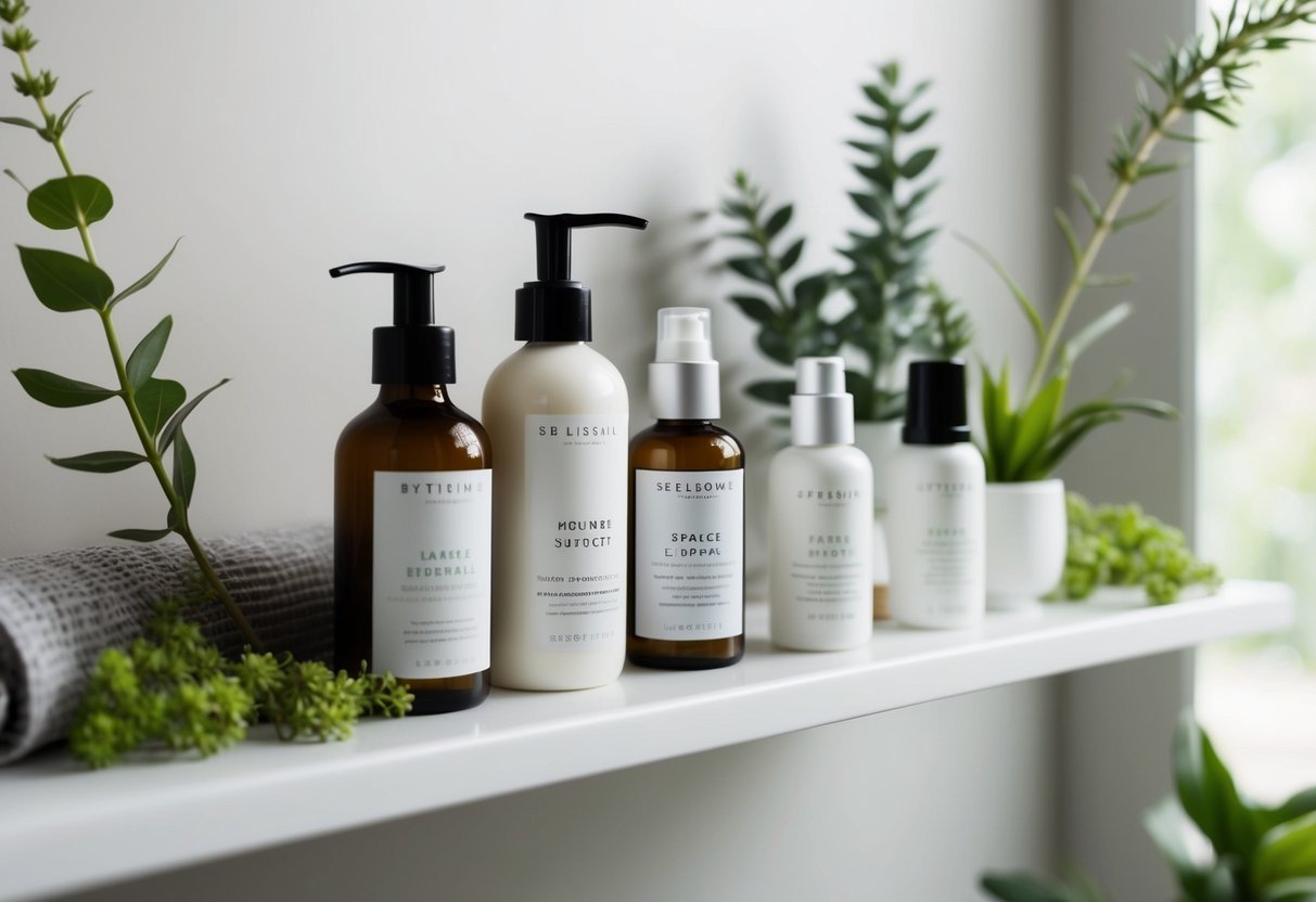 A serene, minimalist bathroom shelf with five labeled skincare products, surrounded by fresh botanical elements and natural light