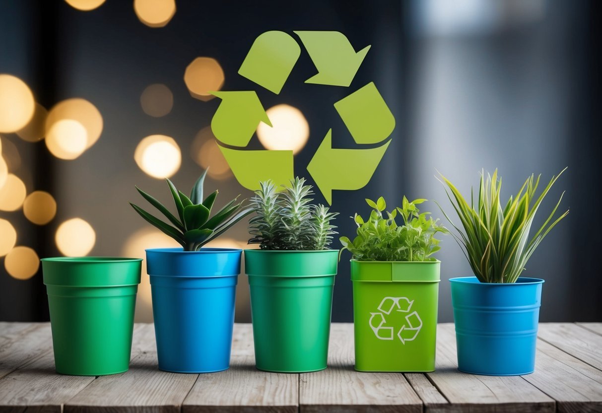 Empty beauty containers transformed into planters, organizers, and storage bins.</p><p>A recycling symbol in the background