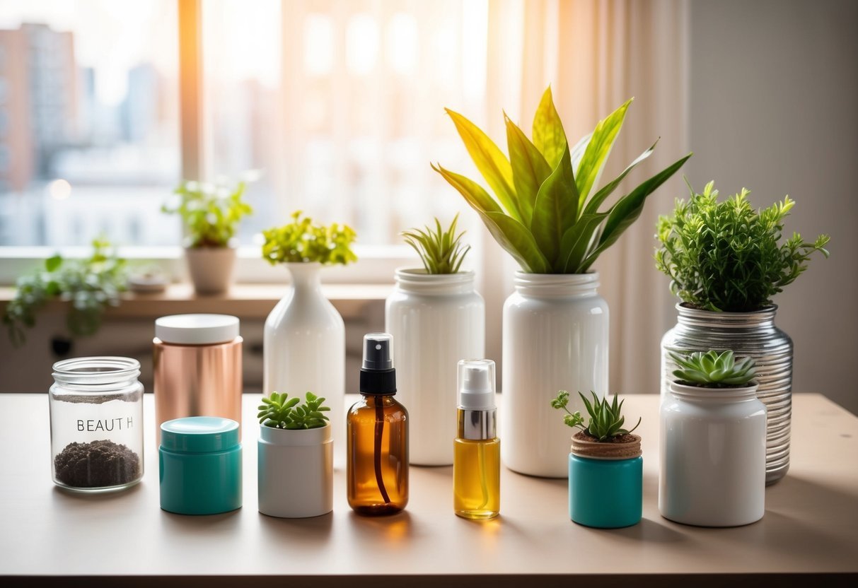 A table with various empty beauty containers being repurposed into new items like planters, organizers, and storage jars