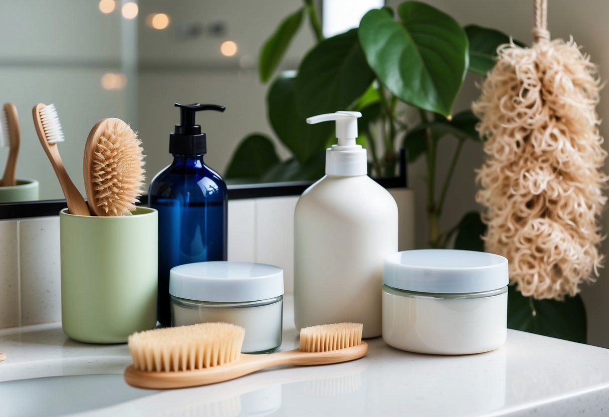 A bathroom counter with reusable containers of beauty products, a bamboo hairbrush, a compostable toothbrush, and a plant-based loofah hanging nearby