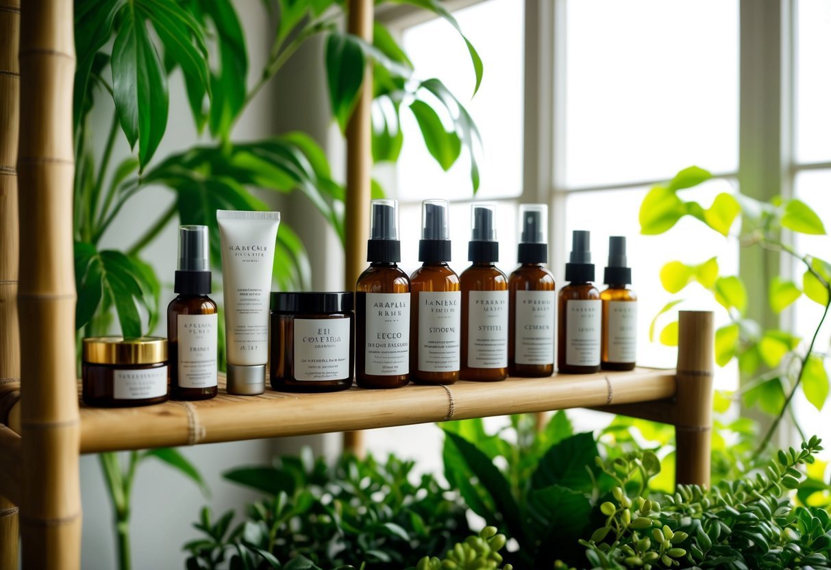 A vibrant array of eco-friendly beauty products arranged on a sustainable bamboo shelf, surrounded by lush greenery and natural light streaming in through a window