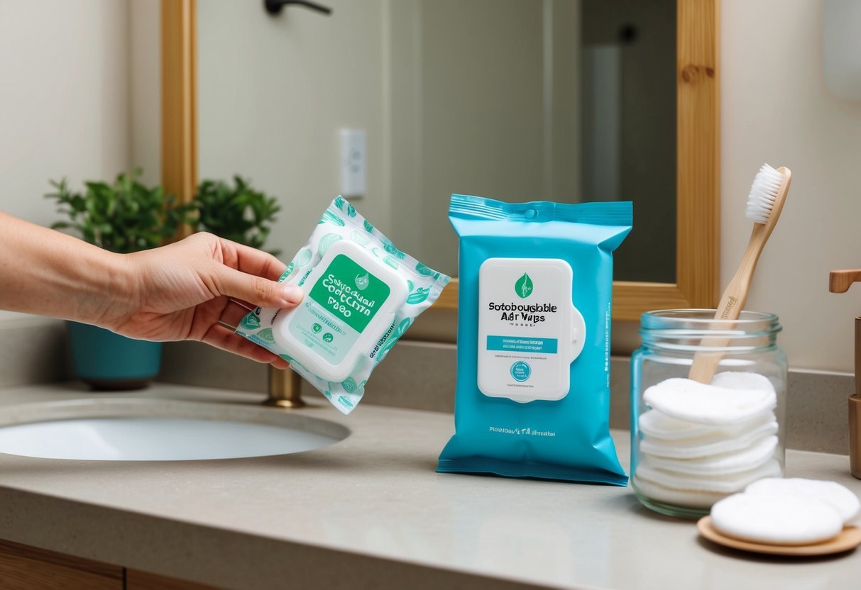 A hand reaches for a pack of biodegradable face wipes next to a bamboo toothbrush and a glass jar of reusable cotton pads on a sustainable bathroom counter