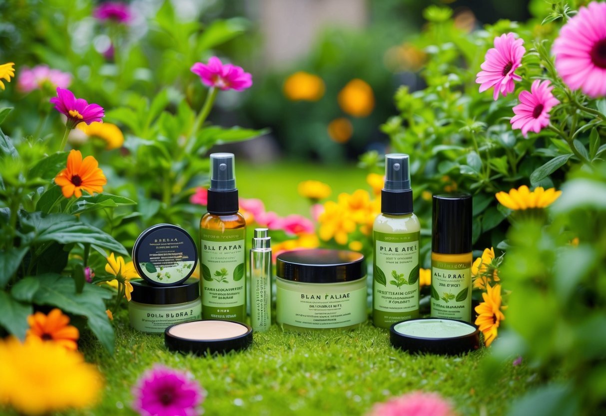 A lush garden with colorful flowers and vibrant greenery, surrounded by eco-friendly makeup products made from natural, plant-based ingredients