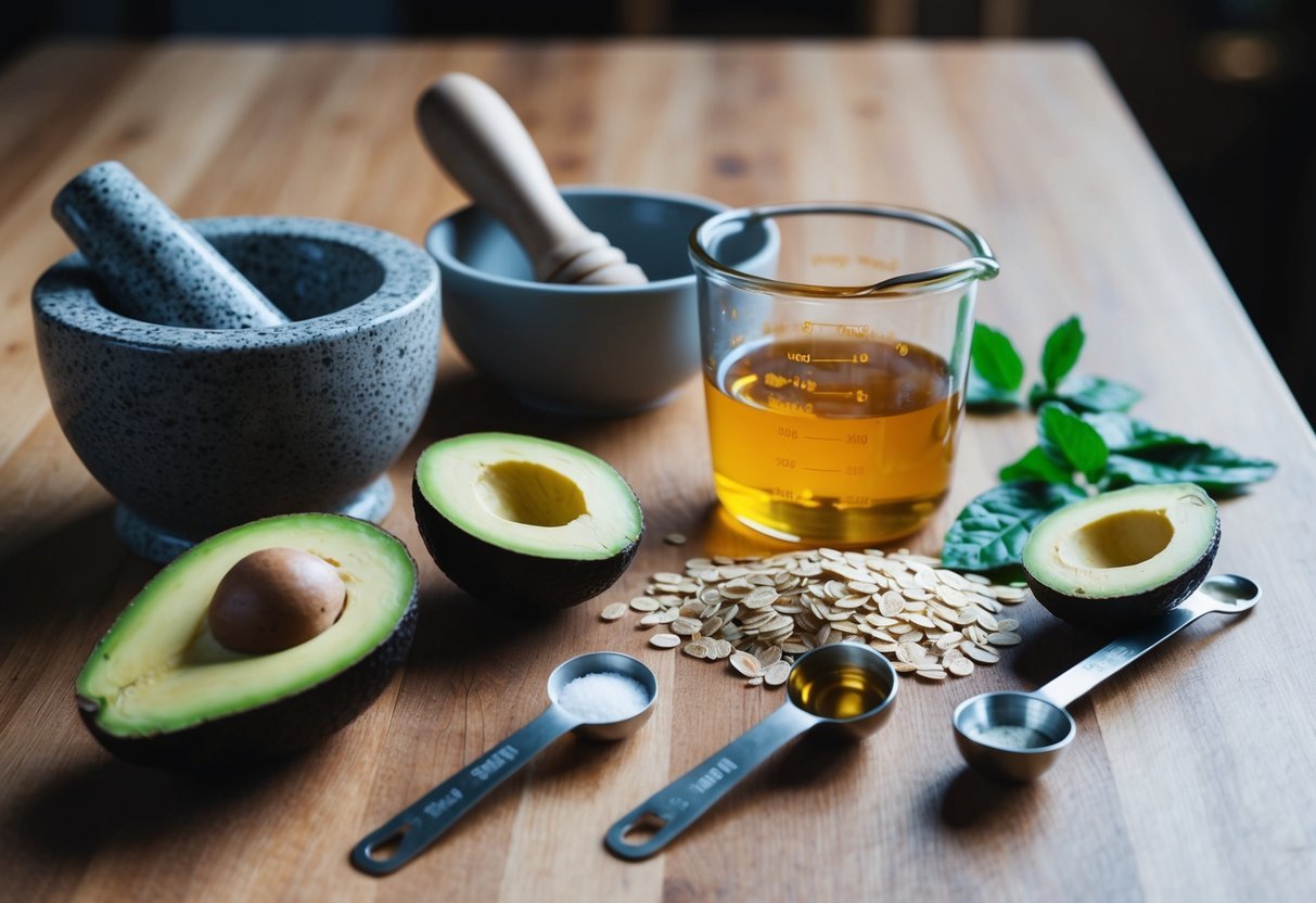 A table with various natural ingredients like avocado, honey, and oats. A mortar and pestle, mixing bowls, and measuring spoons are scattered around