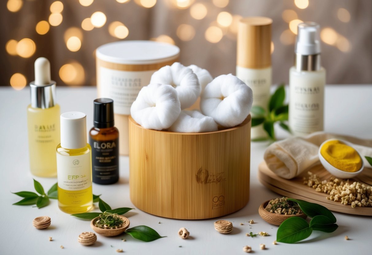 A bamboo storage container filled with reusable cotton rounds, surrounded by eco-friendly beauty products and natural skincare ingredients
