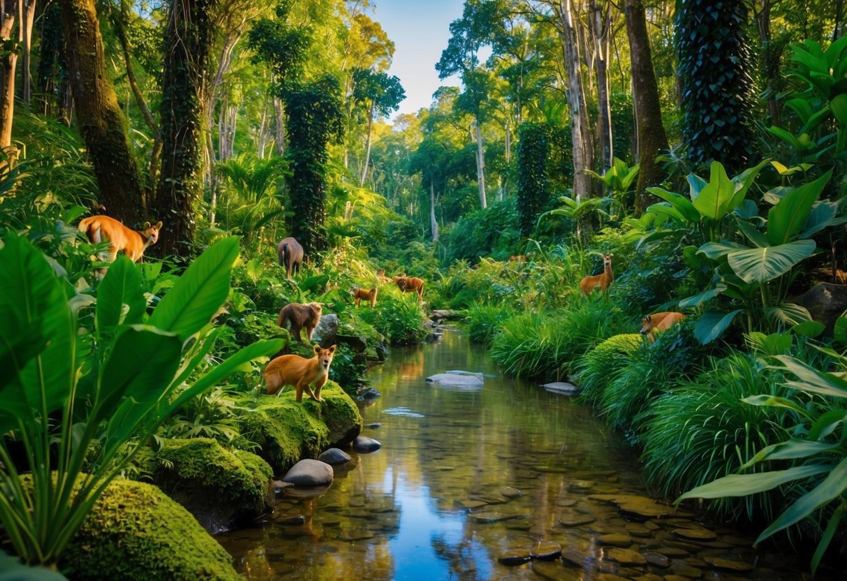A lush, vibrant forest with animals and plants thriving. A clear stream flows through, reflecting the beauty of the natural world