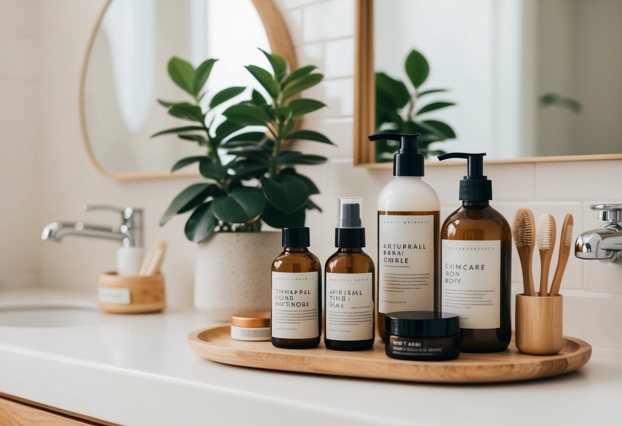 A serene bathroom counter with natural skincare products, reusable containers, a plant, and eco-friendly beauty tools