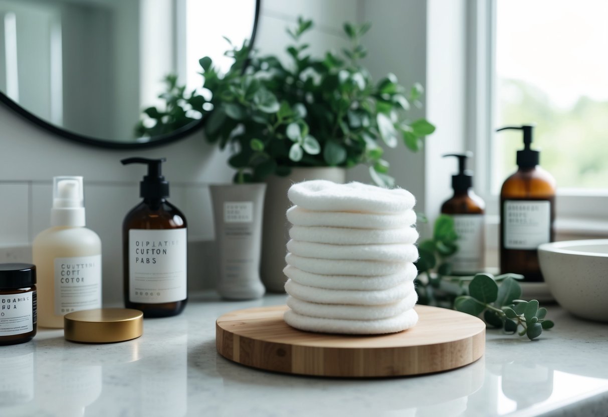 A serene bathroom countertop with a stack of organic cotton pads, surrounded by sustainable beauty products and greenery