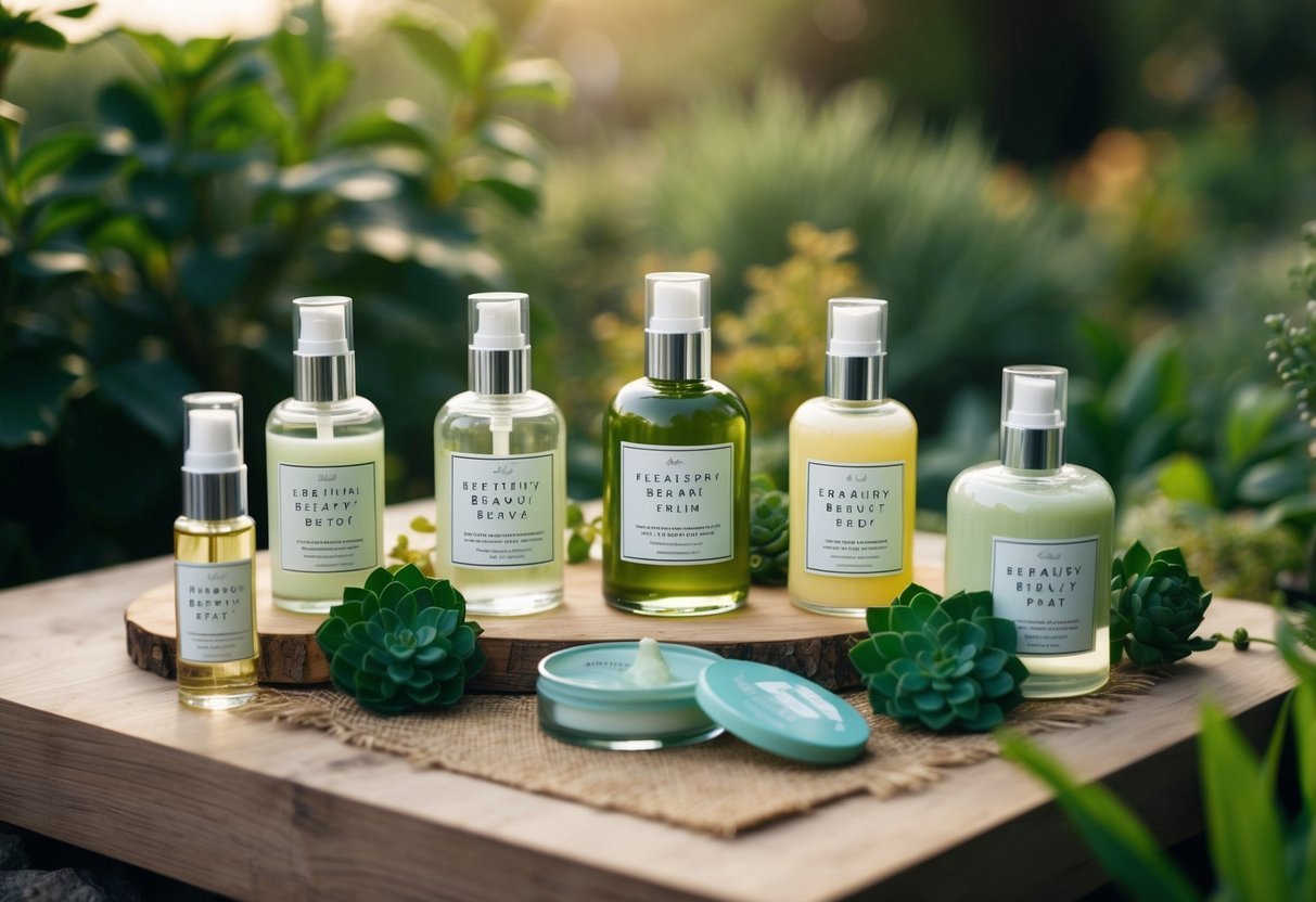 A collection of eco-friendly beauty products in glass packaging arranged on a natural wooden surface, surrounded by greenery and sustainable materials