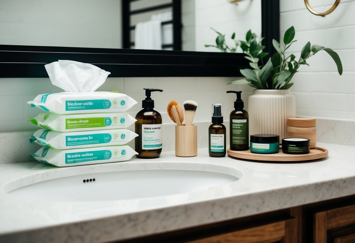 A bathroom counter with biodegradable wipes, reusable containers, and natural beauty products arranged neatly