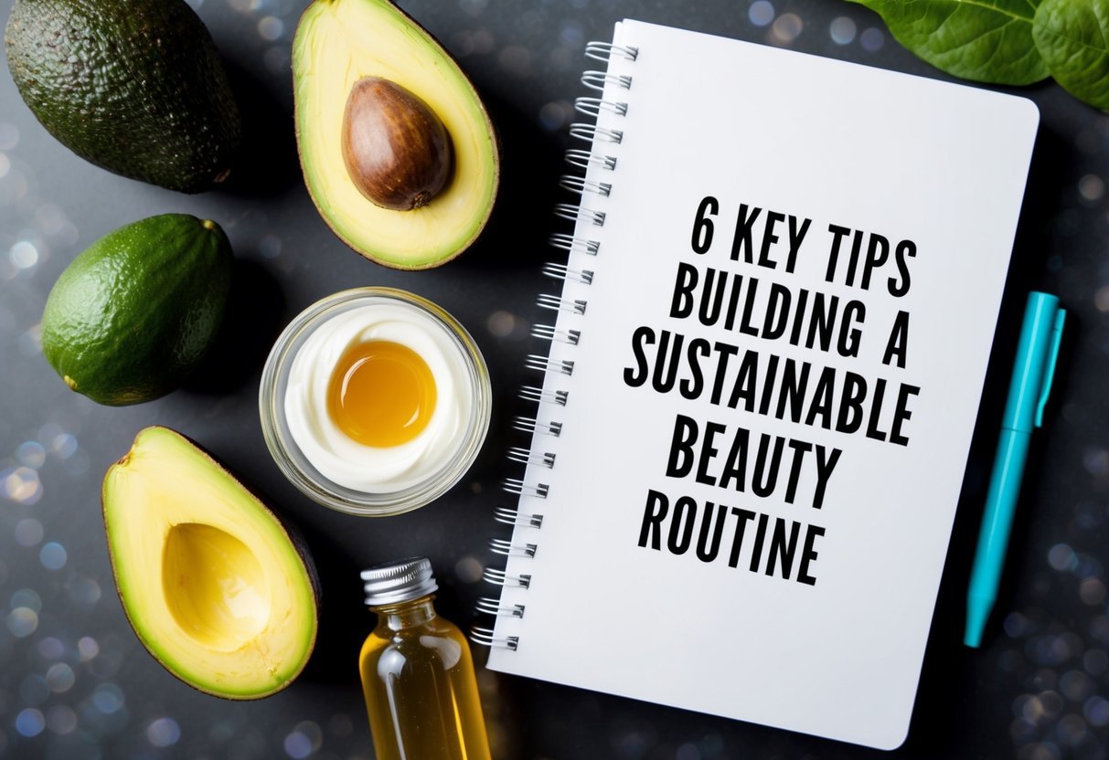 A table with various natural ingredients like avocado, honey, and yogurt, alongside a notebook with "6 Key Tips for Building a Sustainable Beauty Routine" written on it