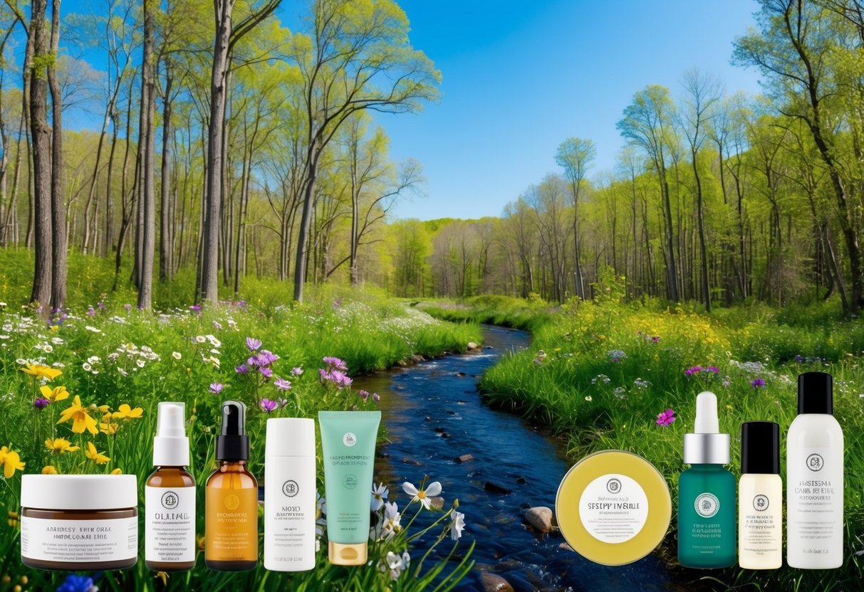 A serene forest with blooming wildflowers, a flowing stream, and a clear blue sky.</p><p>Surrounding the scene are various sustainable beauty products, such as natural skincare and reusable packaging