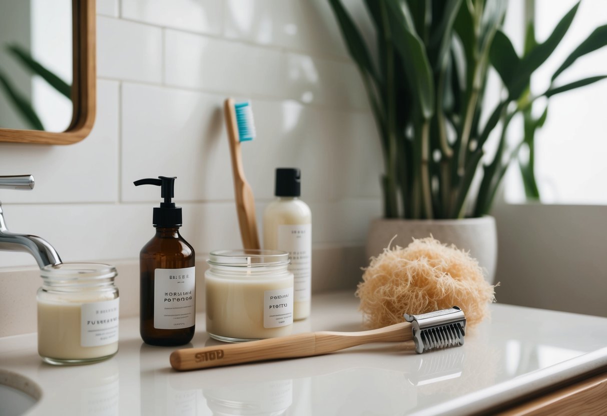 A serene bathroom counter with bamboo toothbrush, glass jars of homemade skincare products, a refillable metal razor, and a plant-based loofah