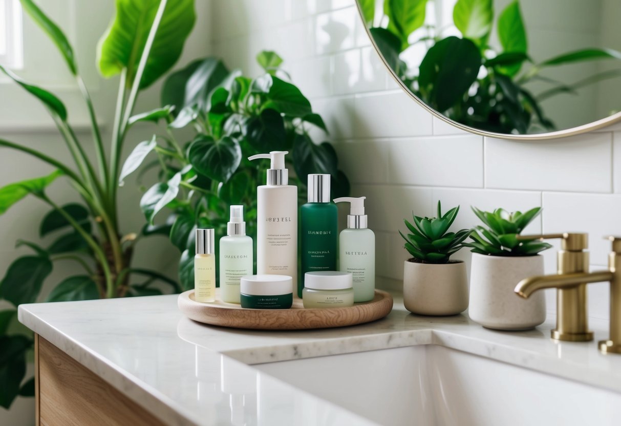 A serene bathroom counter with sustainable beauty products arranged neatly, surrounded by green plants and natural lighting