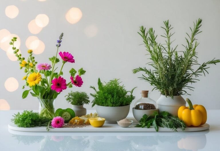 Flowers, herbs, and vegetables arranged on a white tray with bokeh background