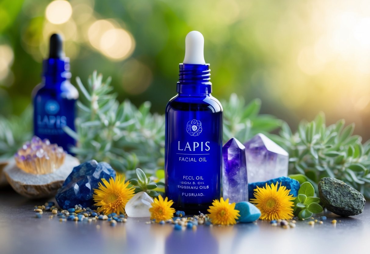 A serene blue bottle of Lapis Facial Oil surrounded by vibrant, organic botanicals and crystals, with a soft, natural light illuminating the scene