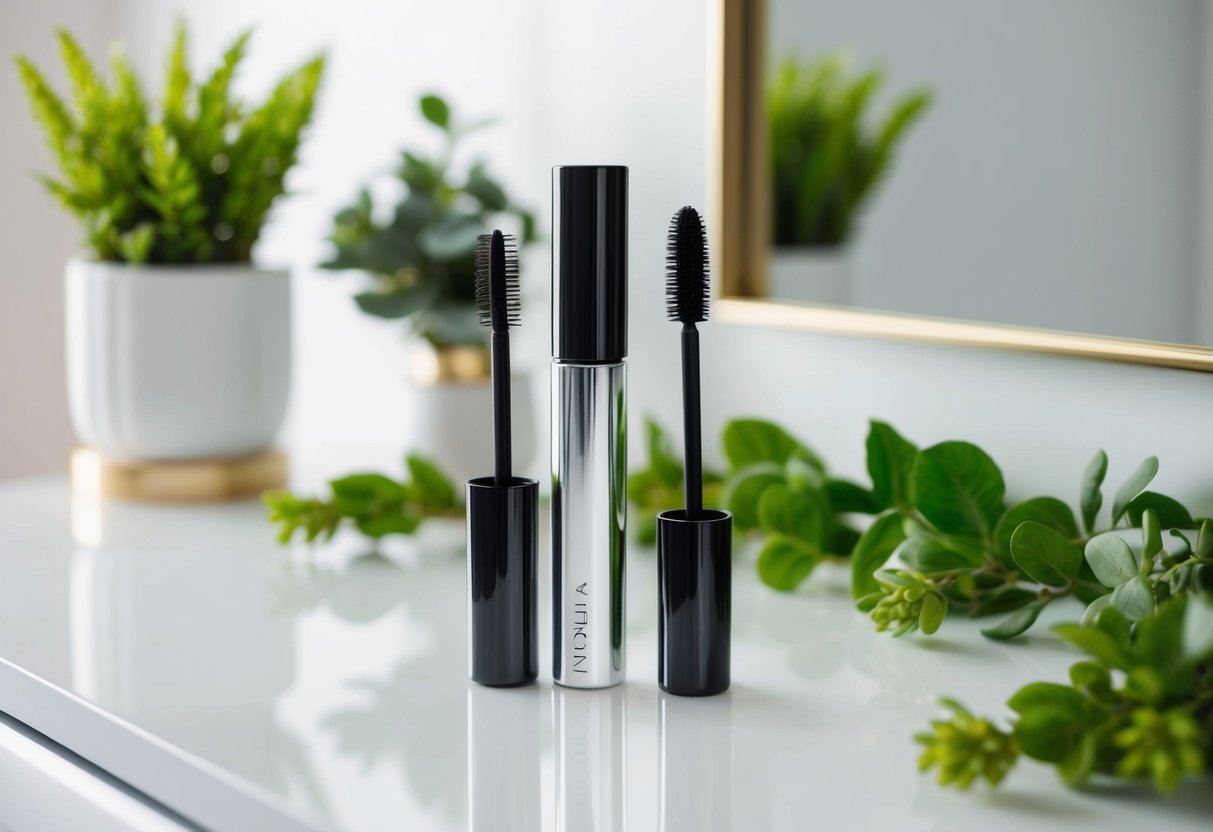 A sleek, modern mascara tube stands open on a clean, white vanity, surrounded by fresh, green botanicals and soft, natural lighting