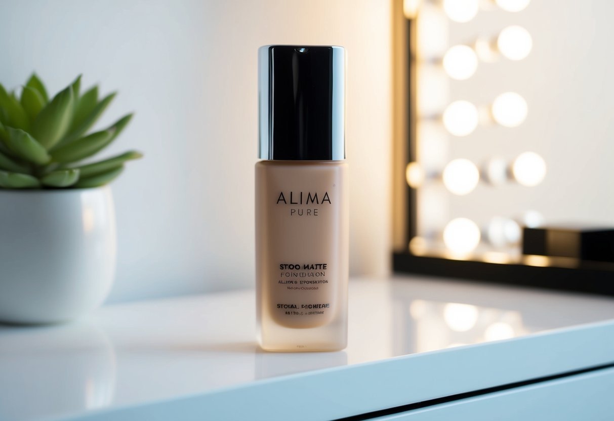 A sleek, minimalist bottle of Alima Pure's Satin Matte Foundation sits on a clean, white vanity with soft natural lighting