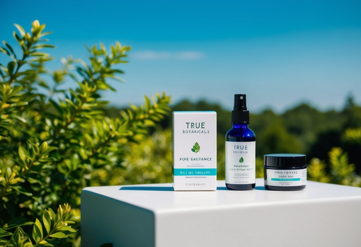 A serene, natural setting with lush greenery and a clear blue sky, showcasing True Botanicals' Pure Radiance Oil and organic beauty products