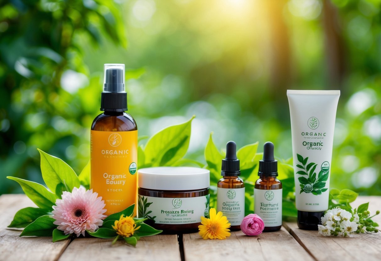 A serene, natural setting with lush greenery and blooming flowers, showcasing organic beauty products in their pure, unadulterated form