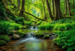 Lush green forest with a stream flowing over mossy rocks