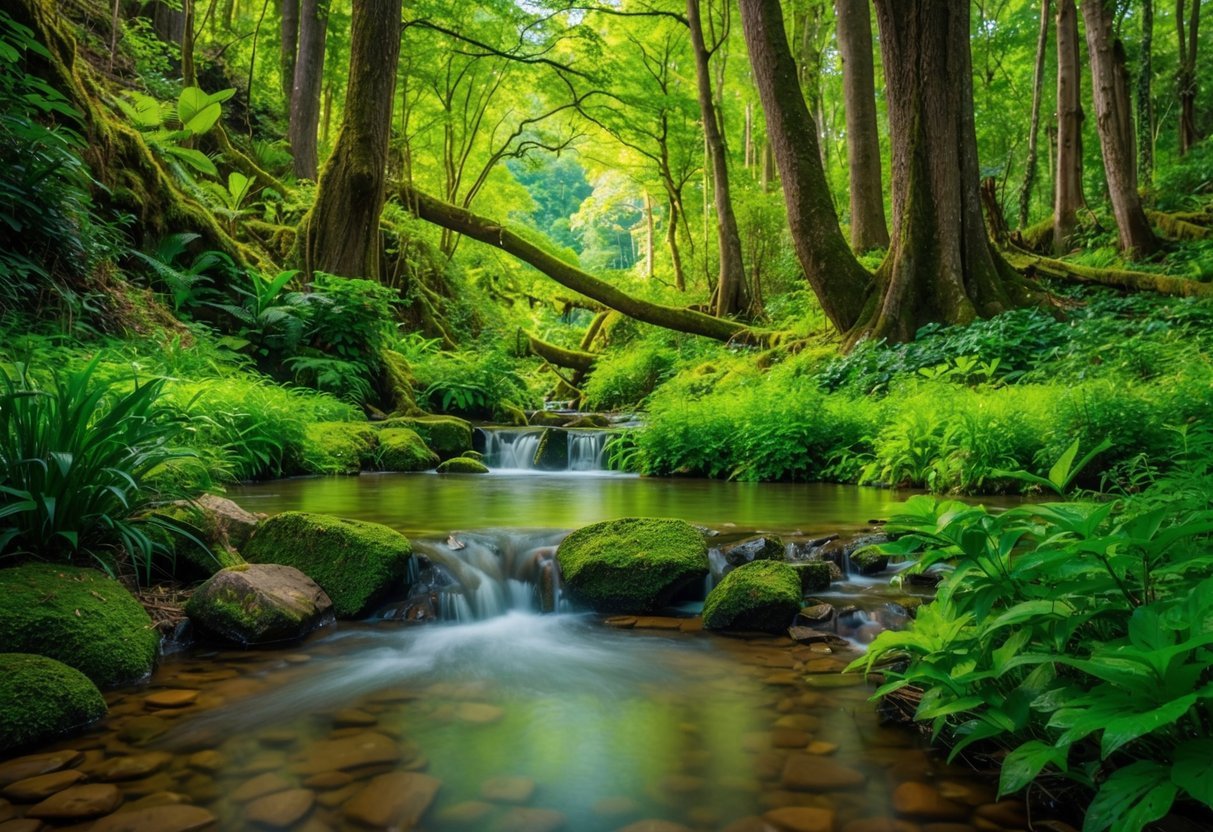 A lush, vibrant forest with clear streams and diverse wildlife, showcasing the natural beauty and purity of authentic, non-greenwashed beauty products