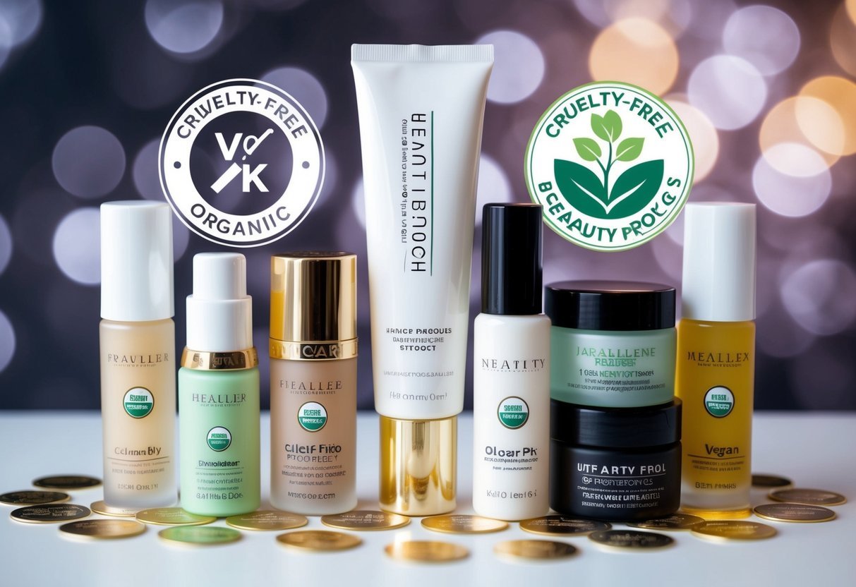 A collection of beauty products surrounded by logos of third-party certifications, such as cruelty-free, organic, and vegan, displayed prominently on the packaging