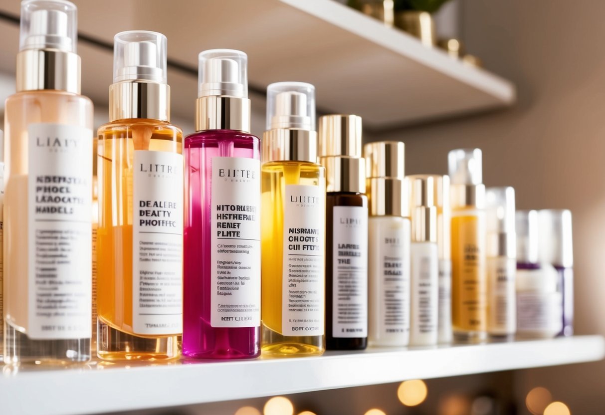 A shelf of beauty products with clear, see-through ingredient lists. Bright, natural lighting highlights the products