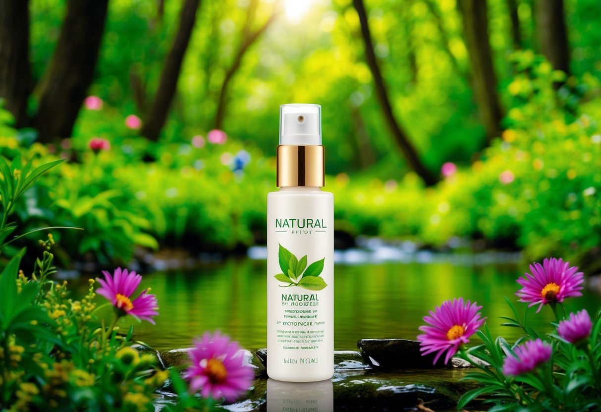 A lush green forest with a clear stream, surrounded by vibrant flowers and wildlife. A beauty product bottle with a misleading "natural" label sits in the foreground