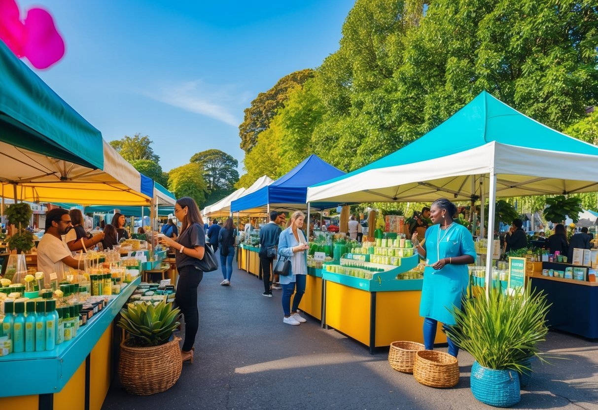 A bustling marketplace with vibrant stalls showcasing eco-friendly and ethical beauty products, surrounded by lush greenery and a clear blue sky