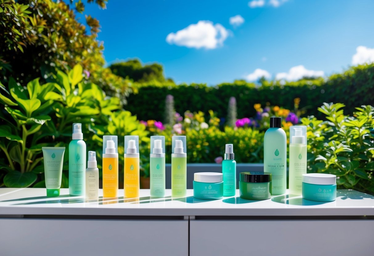 A lush, vibrant garden with clear blue skies and a variety of eco-friendly beauty products displayed on a clean, modern shelf
