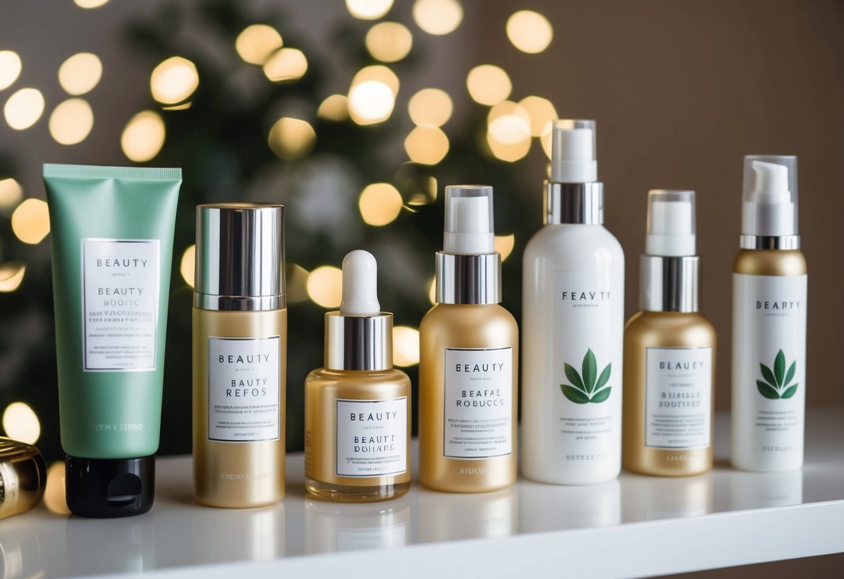 A shelf with various beauty products, each labeled with multiple uses and eco-friendly packaging