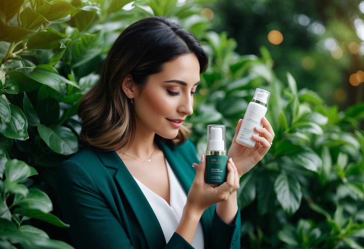 A woman examining beauty products, surrounded by lush greenery and eco-friendly packaging