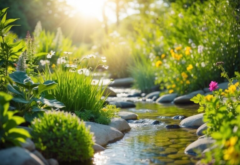 Sunlit stream flowing through a lush garden with flowers and rocks