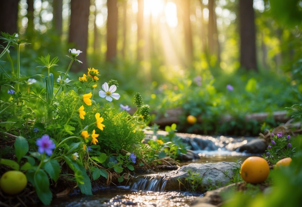 A serene forest clearing, bathed in soft sunlight, with wildflowers, herbs, and fruits scattered around.</p><p>A bubbling stream adds a sense of tranquility