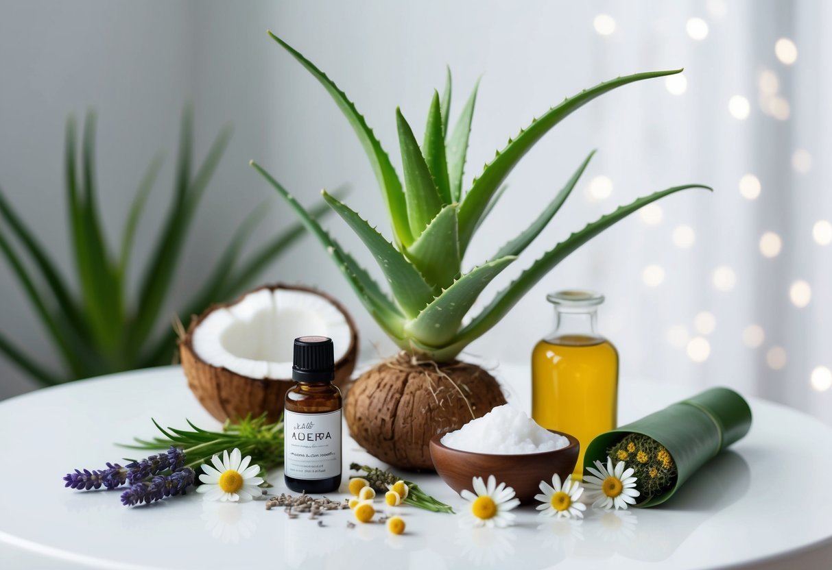 Aloe vera plant surrounded by natural ingredients like lavender, coconut, and chamomile, all arranged on a clean, minimalist skincare routine table