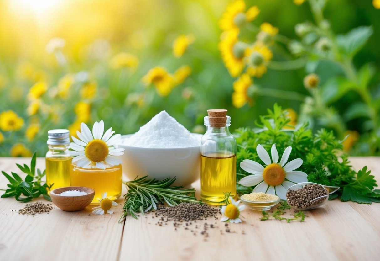 A table with chamomile flowers, herbs, and other natural ingredients arranged for skincare