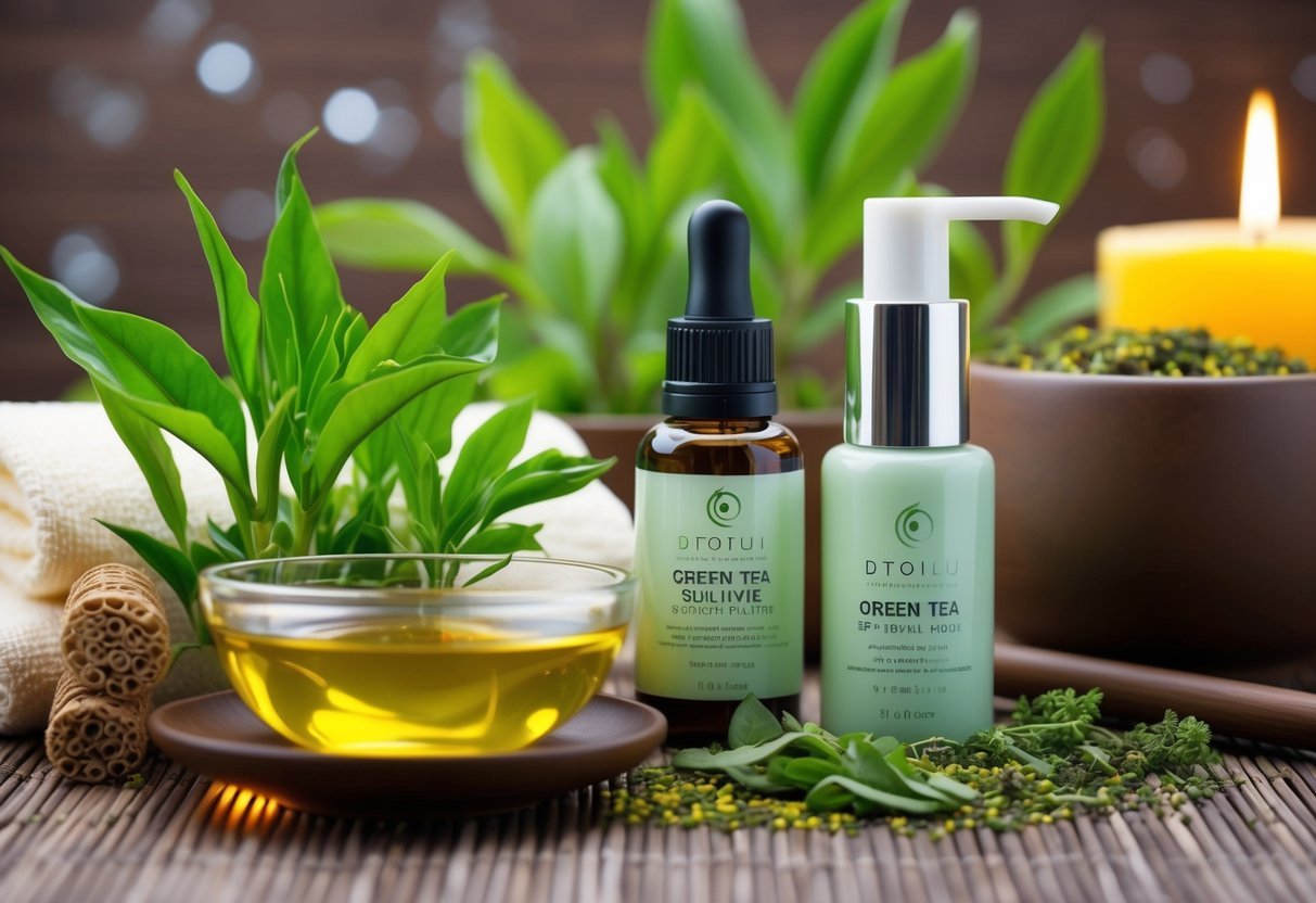 A serene spa-like setting with botanical elements and skincare products arranged around a green tea plant, showcasing the natural ingredients for a skincare routine