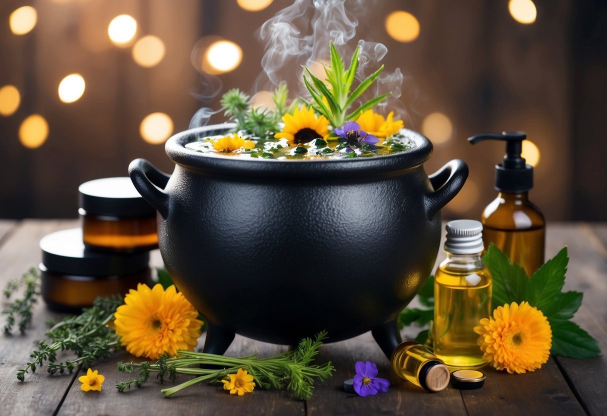 A cauldron bubbling with natural ingredients like witch hazel, herbs, and flowers, surrounded by jars and bottles of skincare products