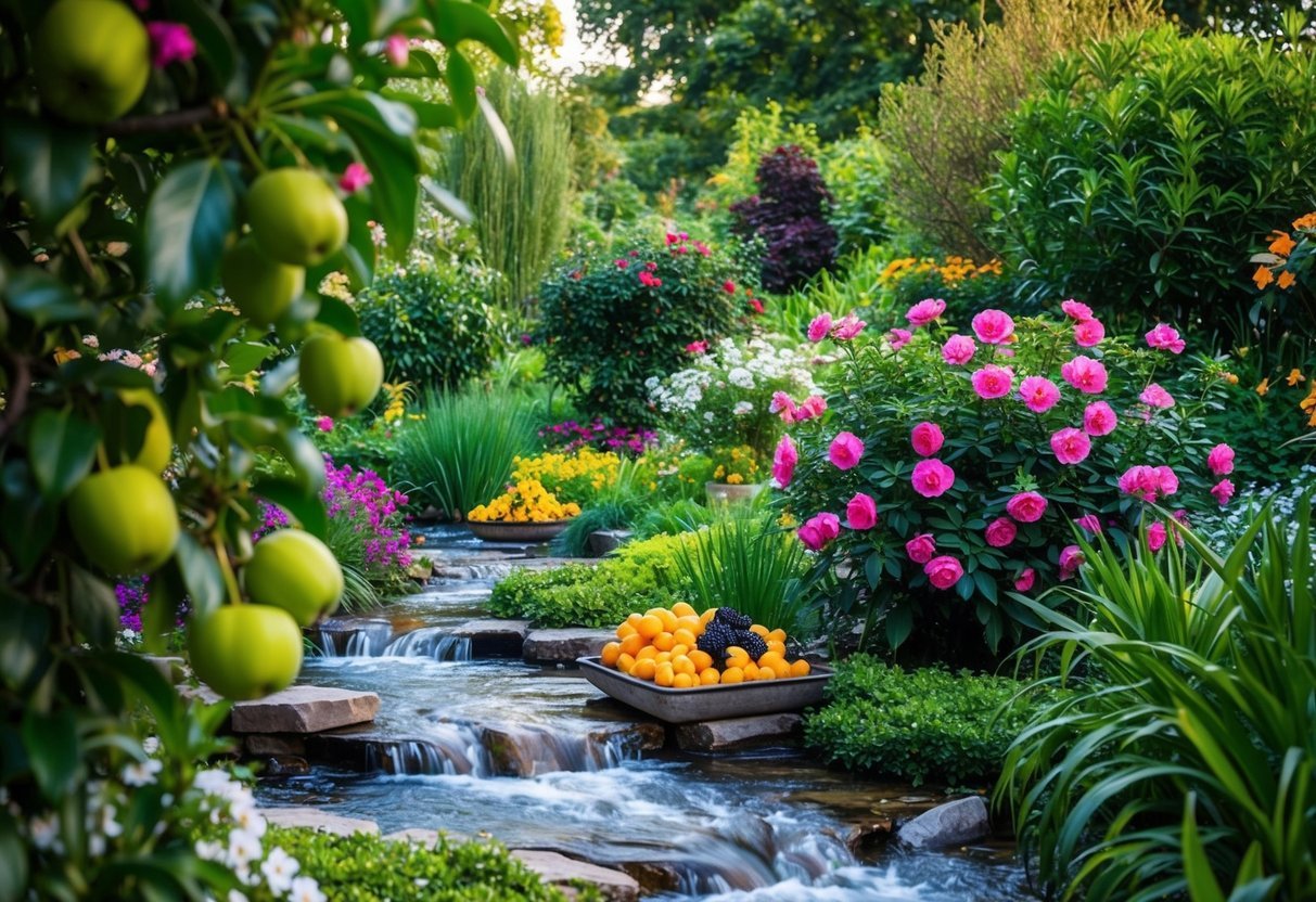 A lush garden with blooming flowers and ripe fruits, surrounded by flowing streams and vibrant greenery