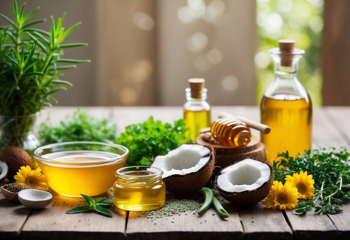 A table covered in natural ingredients like honey, aloe vera, and coconut oil, surrounded by fresh herbs and flowers