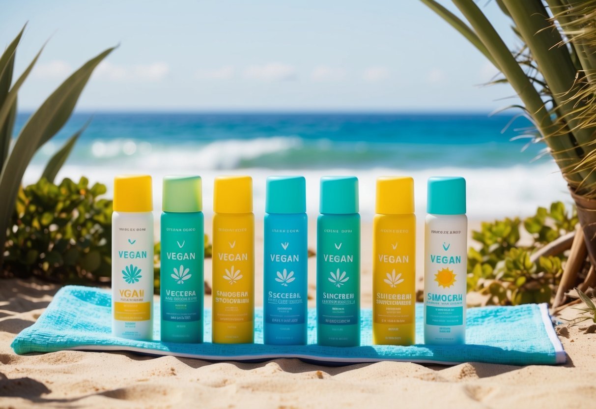 A sunny beach with various vegan sunscreen bottles lined up on a towel, surrounded by plants and ocean waves in the background